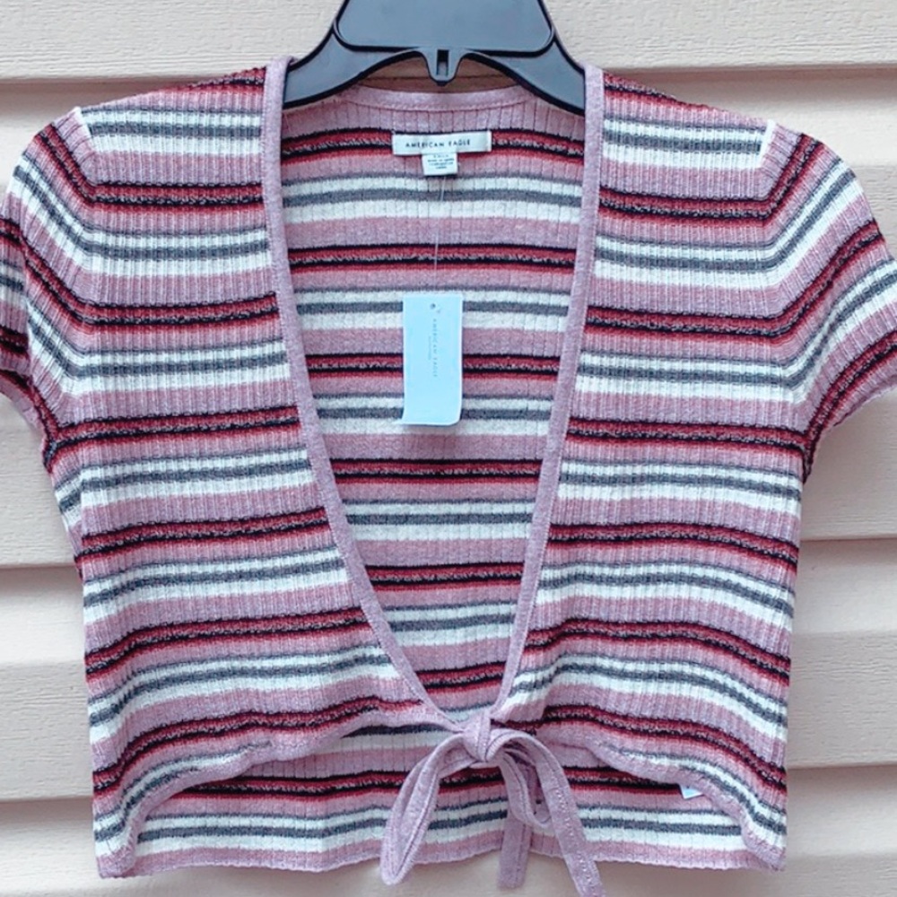 American Eagle Lavender Striped Cropped Cardigan